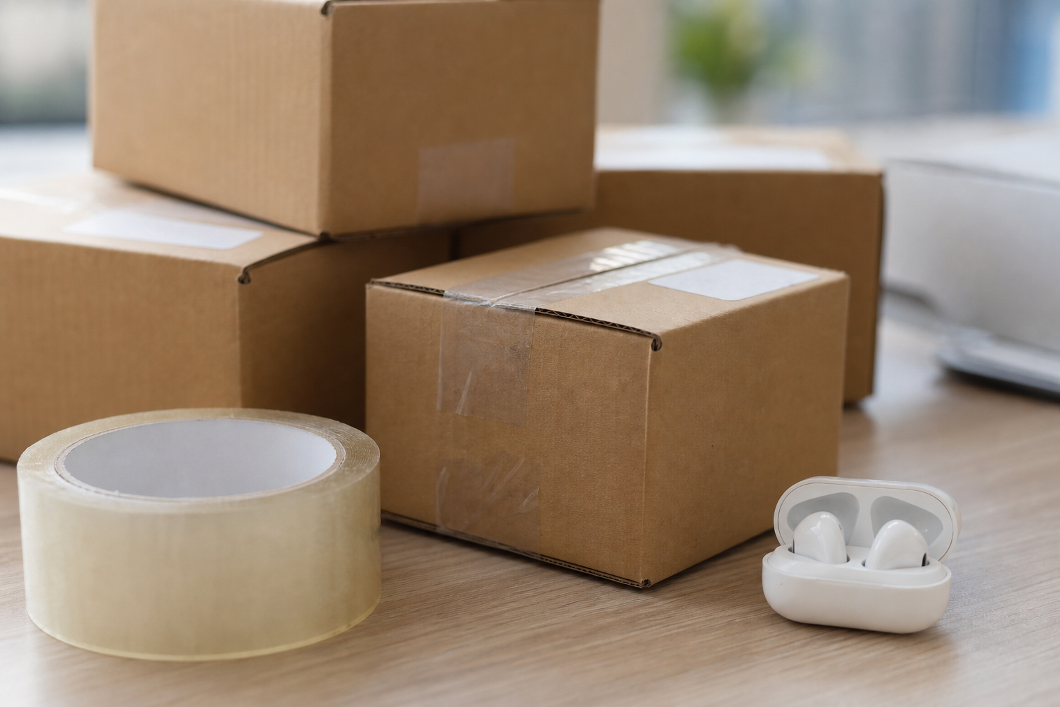 小批量发货场景：快递箱、封箱胶带和产品样品
